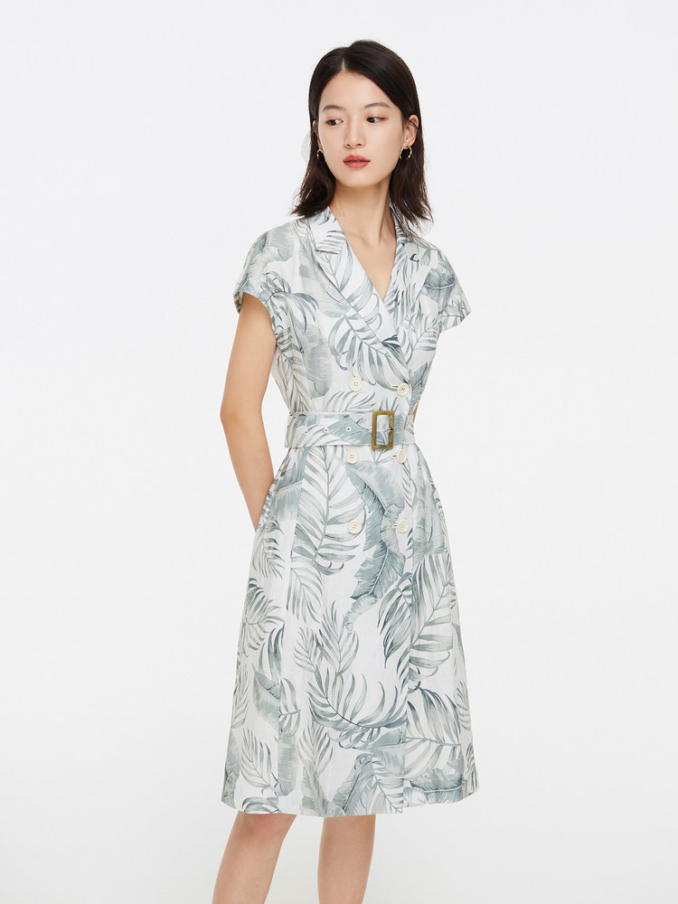 epyaying雅莹女装文艺范亚麻亚麻印花腰带连衣裙2021连衣裙