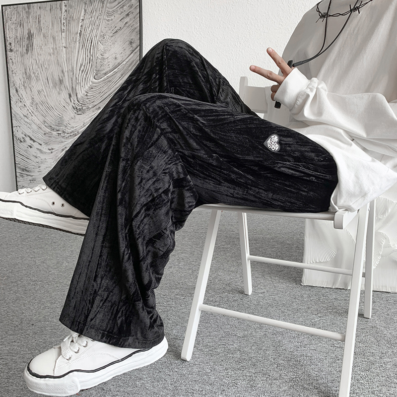 心形贴标丝绒拖地裤男国潮vibe风高街艺术感慵懒裤bf垂坠感阔腿裤