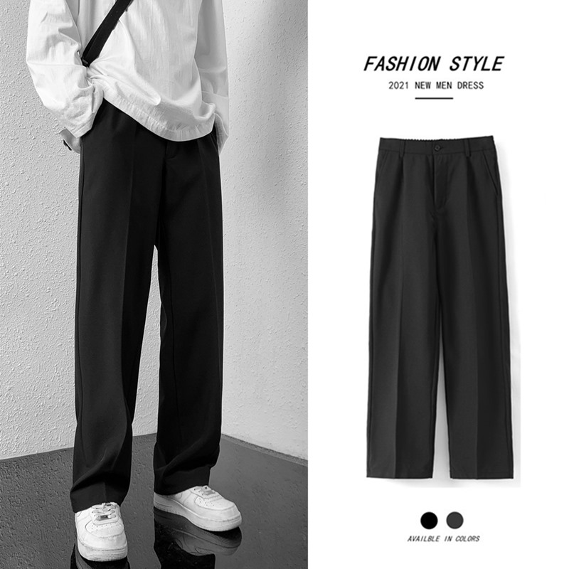 休闲裤男直筒宽松九分冰丝裤子夏季薄款潮流阔腿长裤DK垂感西装裤