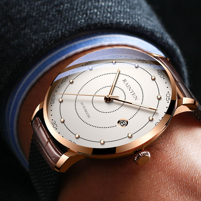瑞士瑞顿rainten航海家时尚男士真皮夜光手表官方国产腕表
