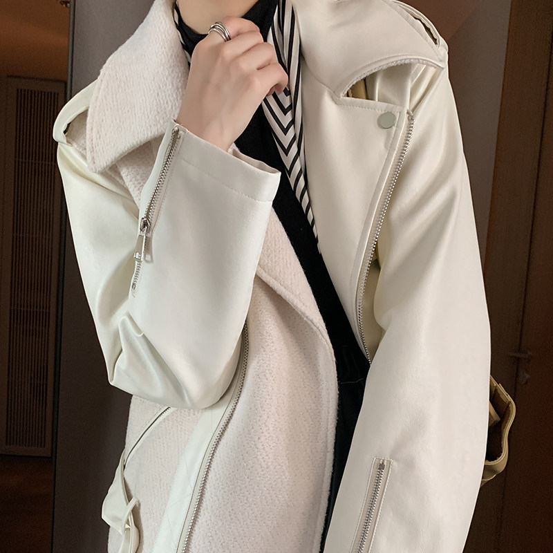 2021春秋新款白色皮夹克短款风衣外套休闲上衣短外套