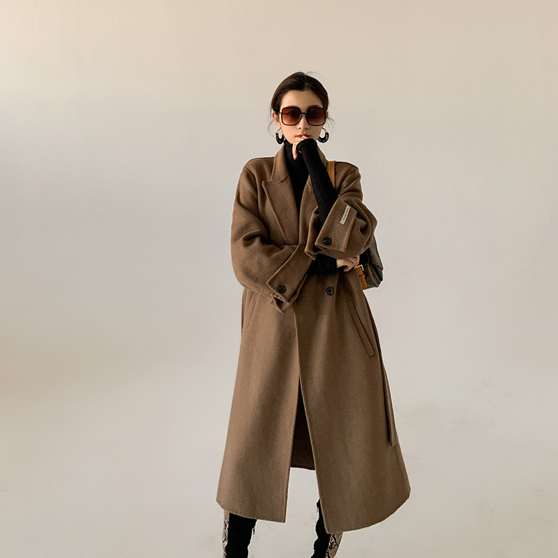 2020冬季新品咖啡色双面羊毛大衣女款毛呢外套