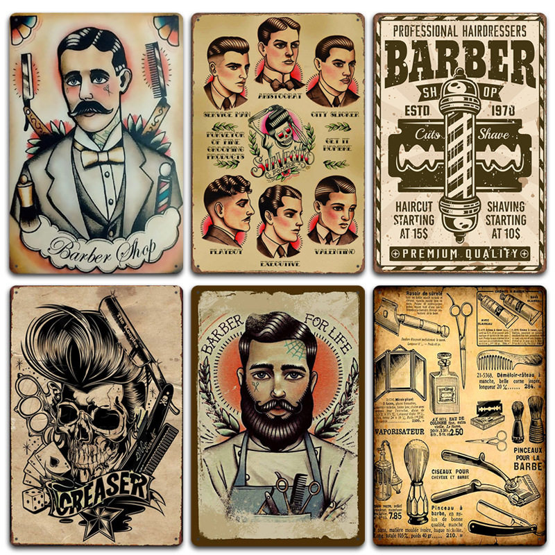 2020新款 barbershop海报复古铁皮画 理发店背景墙壁无框装饰挂画