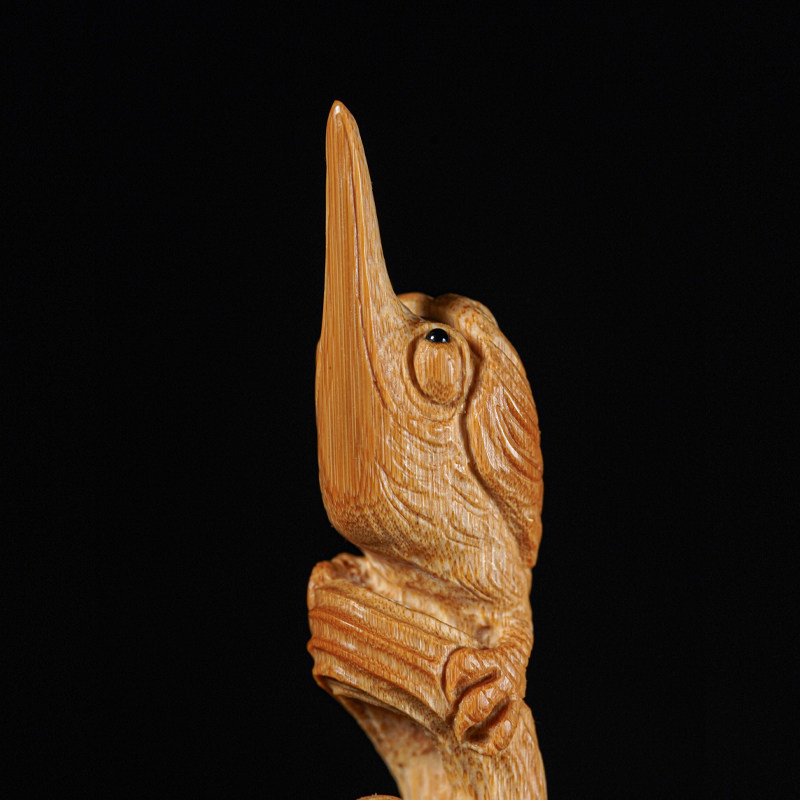 文玩艺竹竹情实心竹纯手工雕刻荷塘翠鸟手把竹编