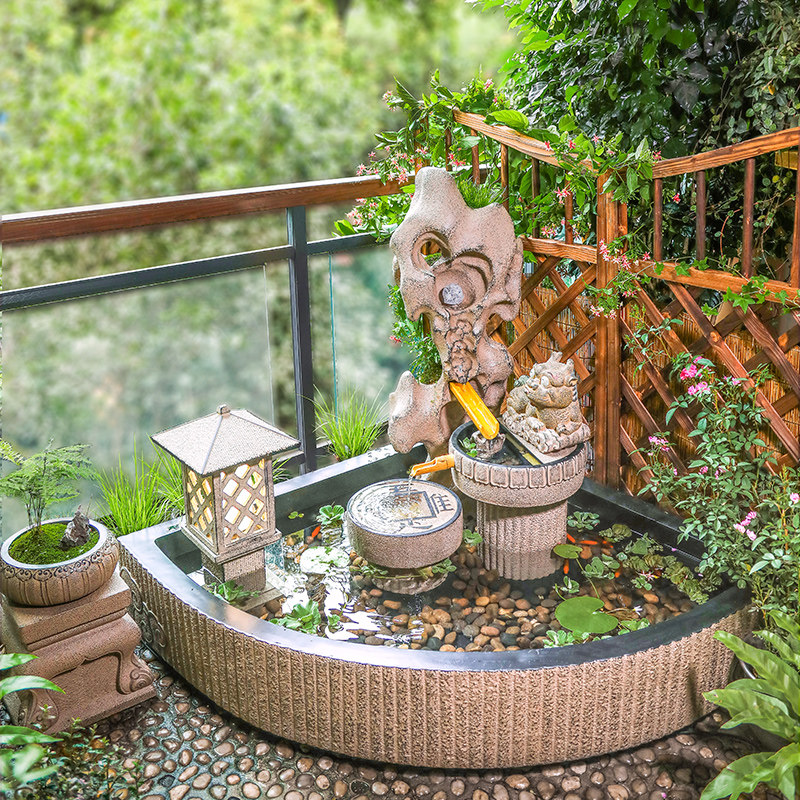 中式阳台鱼池水景庭院花园布置水池装饰造景流水摆件