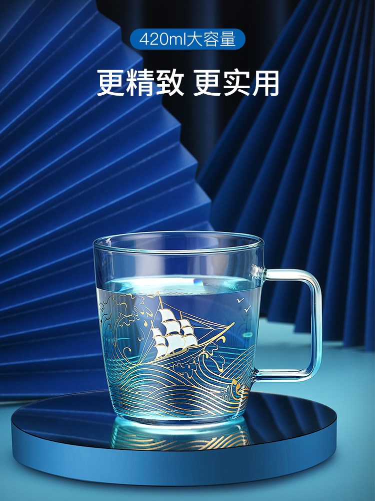 国潮加厚玻璃杯耐热大容量明水杯子高硼硅玻璃杯