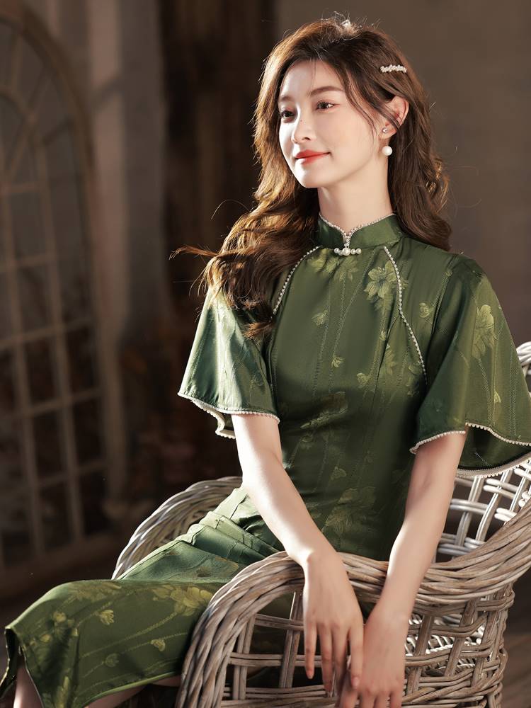 墨绿色提花缎倒大袖晚清旗袍女2022夏季复古民国风改良连衣裙气质