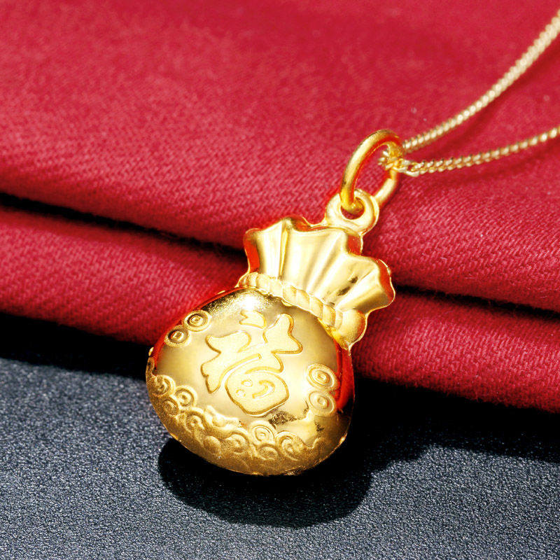 吊坠3d硬金福袋项链生日金镶玉和田毛衣饰品项链