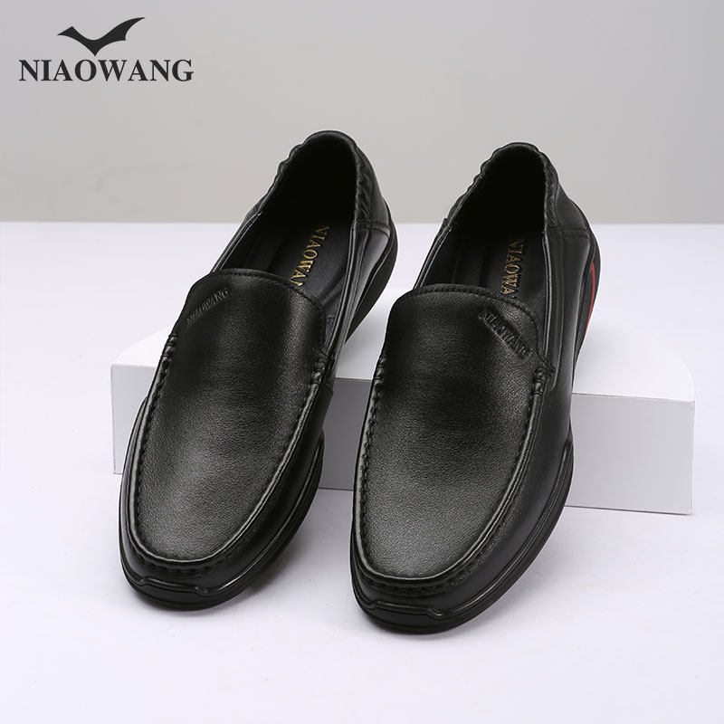 鸟王牛皮懒人软皮商务舒适脚蹬一脚时尚牛休闲休闲皮鞋