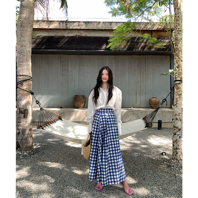 toroon高腰中长褶皱显瘦蓝白设计新款裙女半身半身裙