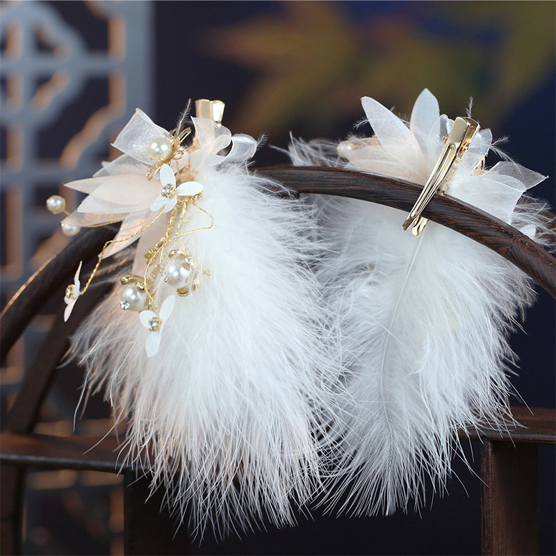 羽毛毛绒发夹饰品超仙流苏新娘白色汉服头饰古风夹子毛球古装发饰