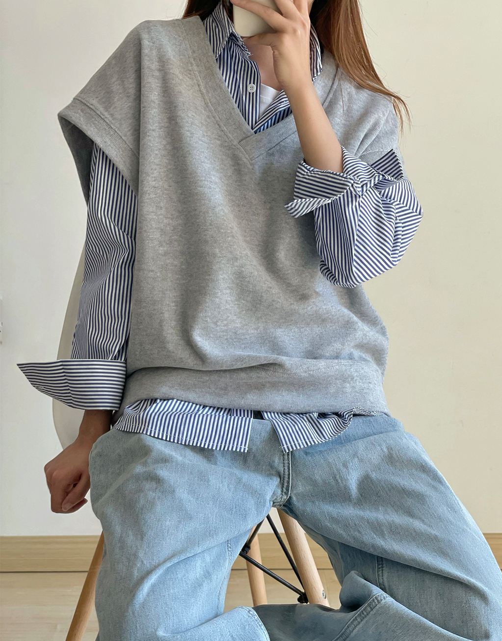 9TH质感超棒~卫衣马甲v领背心慵懒风灰纯色百搭宽松无袖基础上衣