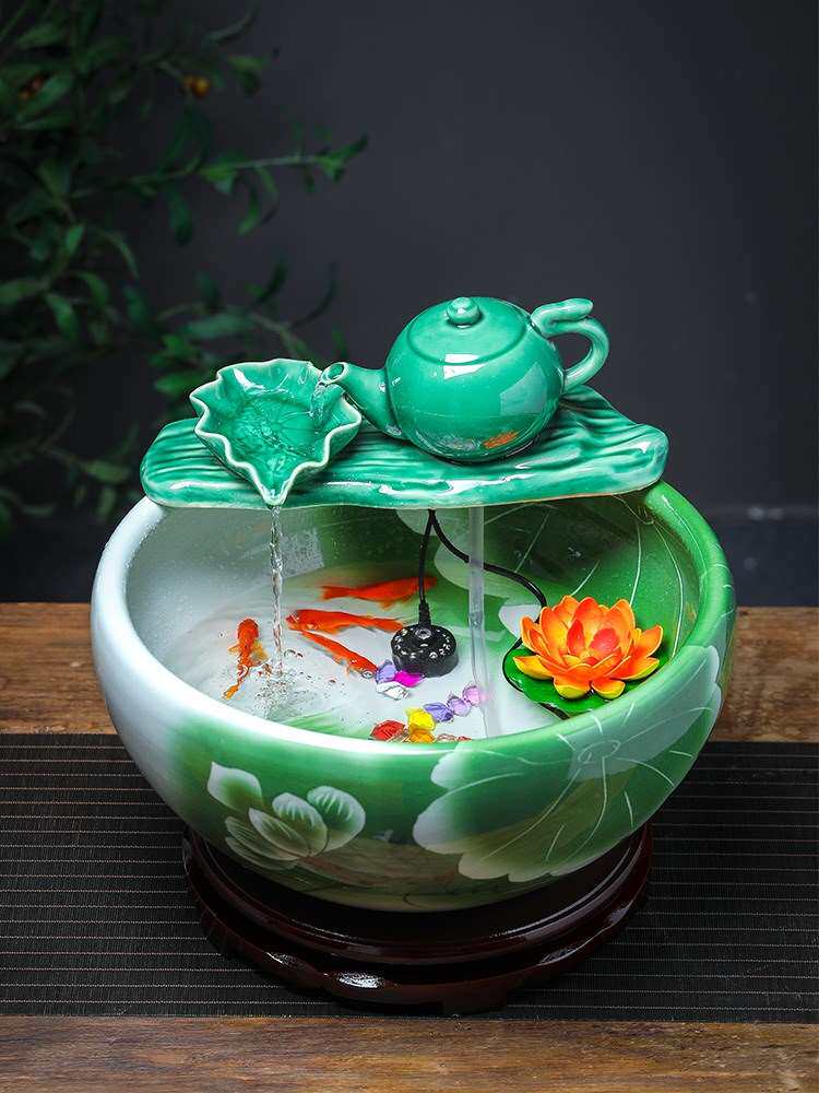 大气陶瓷鱼缸喷泉造景养鱼酒店养鱼池新房工艺品小型鱼缸