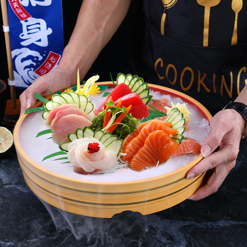 三文鱼冰盘鱼生冰板冰碟刺身盘干冰密胺盘子圆盘盘