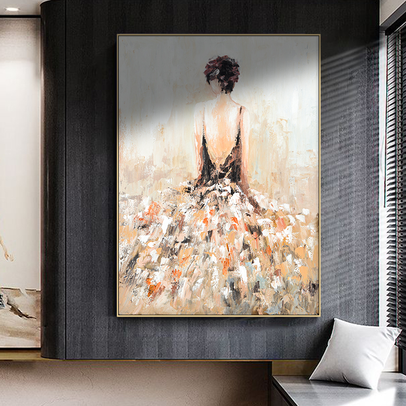 辰宇手绘 | 轻奢法式墙画少女背影卧室装饰画客厅纯手工走廊挂画