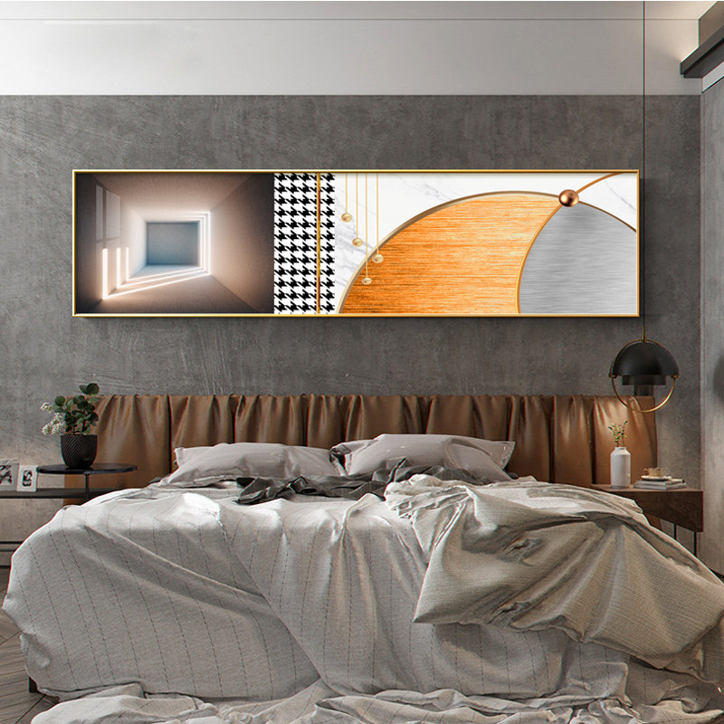 轻奢风卧室床头装饰画现代简约横版挂画橙色抽象主卧房间高档壁画