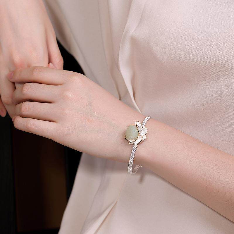 民族风手镯佛家泰银开口女士古风清莲莲花金莲花手镯