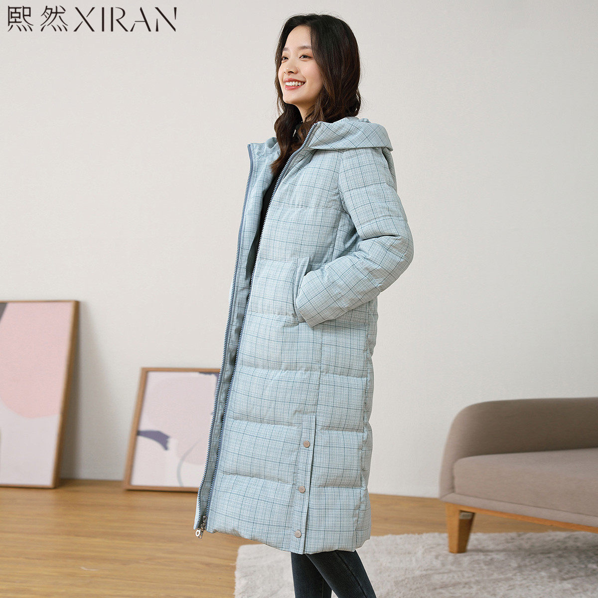 熙然2020秋冬新款休闲蓝色格子连帽羽绒服女中羽绒服