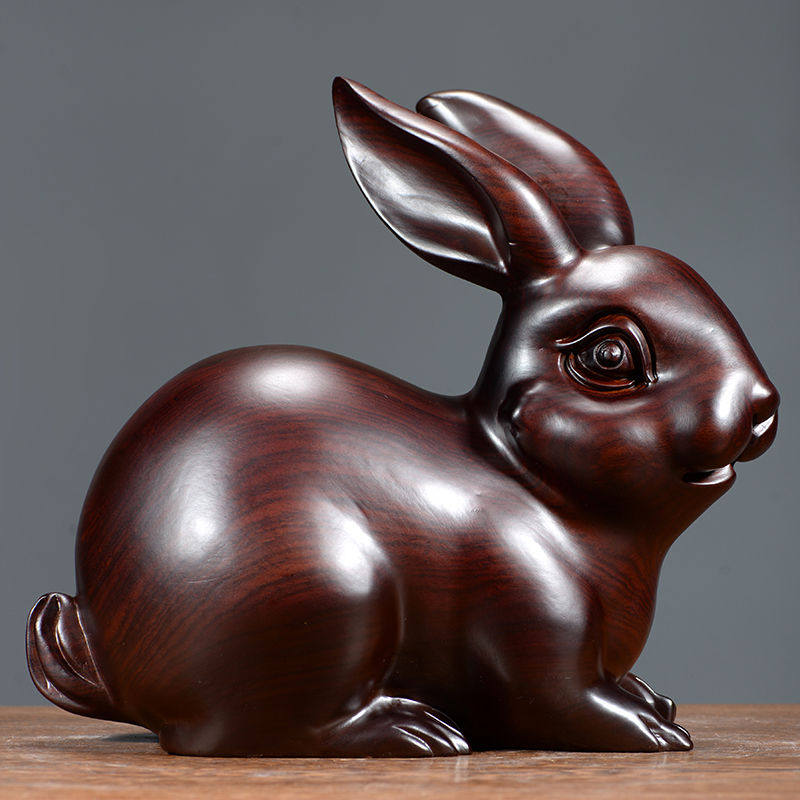檀木雕刻兔子摆件木头根雕十二生肖手把红木车内摆件