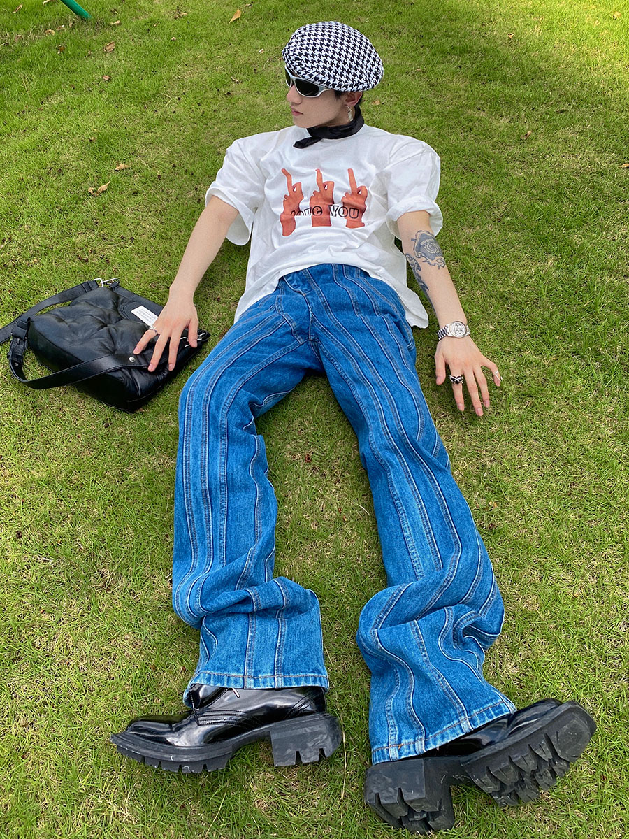 CulturE 斜门襟喇叭牛仔裤2021新款小众设计感长裤男高腰不规则裤