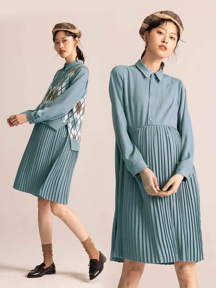 日本gk洋气时尚孕妇装秋装随影绿色色格套装连衣裙