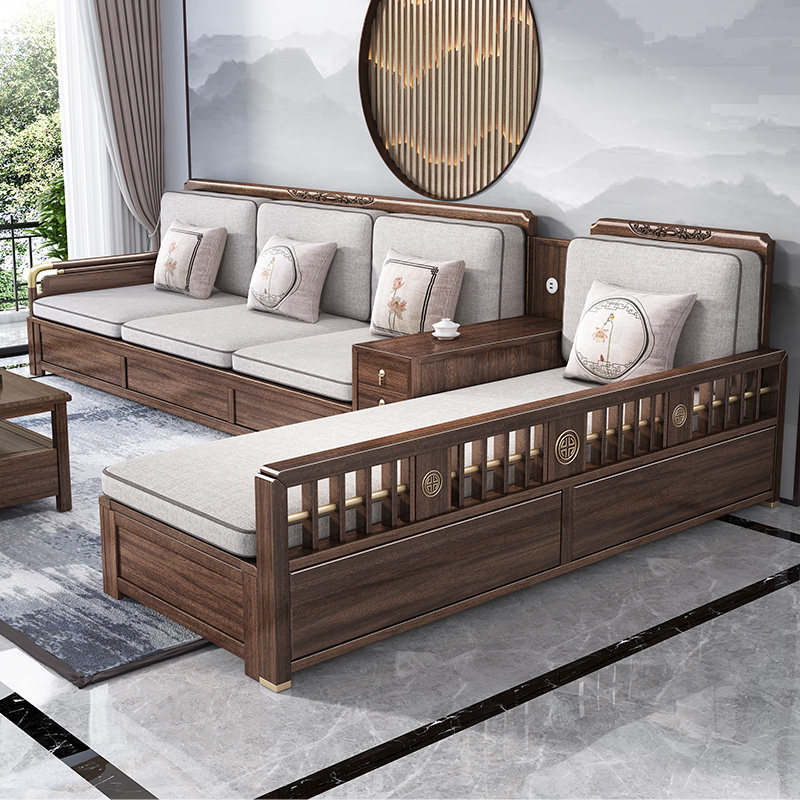 新中式户型贵妃储物现代简约胡桃木轻奢小户客厅实木沙发