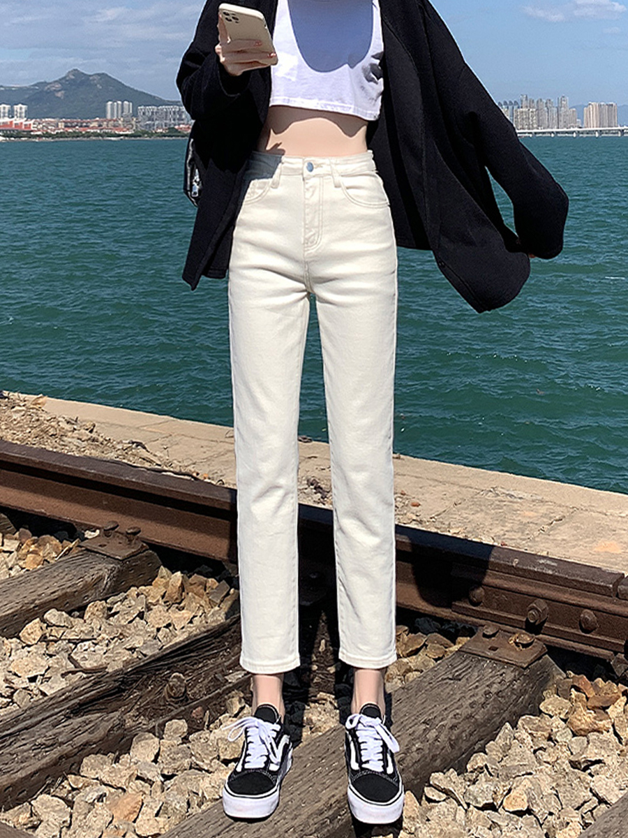 米白色烟管牛仔裤女秋冬2022年新款加绒高腰显瘦杏色九分直筒裤子