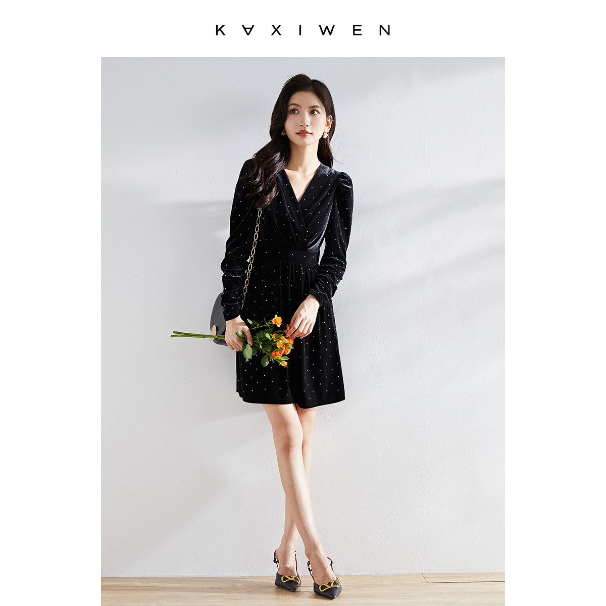 佧茜文连衣裙2022年冬季新款女装复古满天星重工烫钻连衣裙