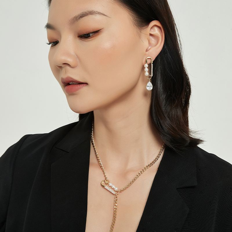 一撇一捺珍珠别针系列回形针耳钉女贝s925银针气质耳钉