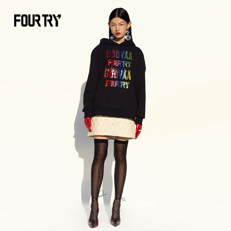 fourtry乌丫潮流合伙人联名亮钻火焰logo大廓形卫卫衣