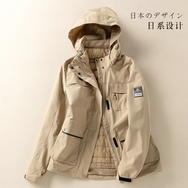 秋冬季工装冲锋衣女可拆卸羽绒户外登山中长款外套三合一潮牌男士