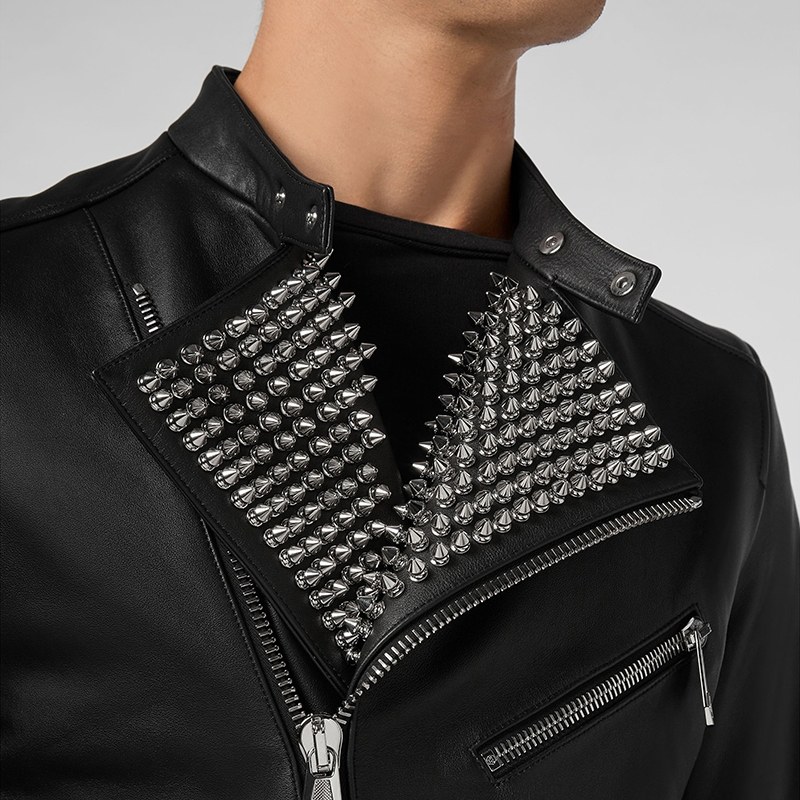 philippplein外套男士骷髅印花铆钉机车皮衣菲利普夹克