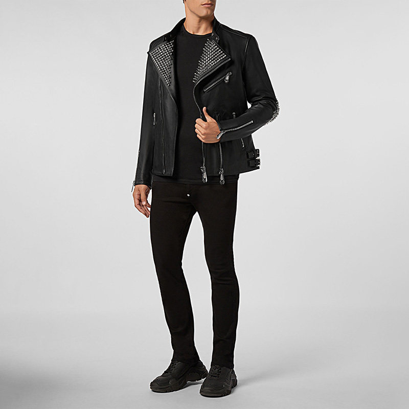 philippplein外套男士骷髅印花铆钉机车皮衣菲利普夹克