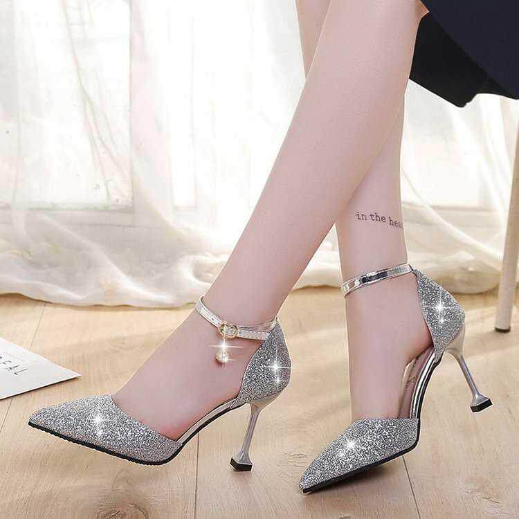 晚礼服高跟鞋银色亮片伴娘鞋带中空细跟57cm宴会时装凉鞋
