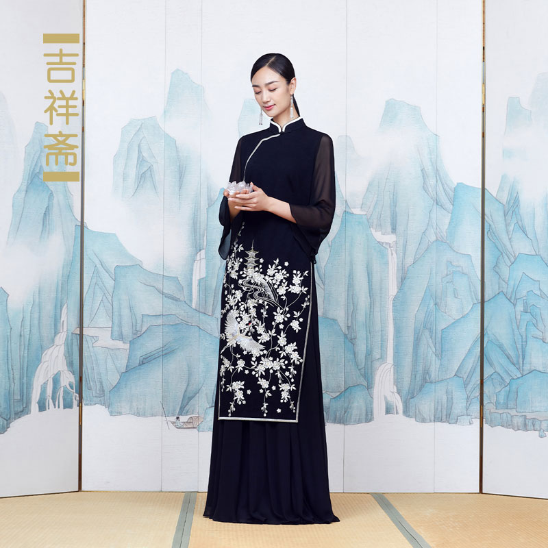 吉祥斋女装亭鹤长上衣一字扣领平绣盘银绣真丝国风礼服正品