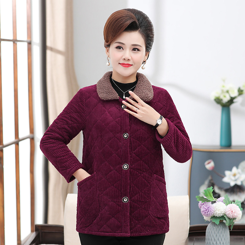 妈妈秋冬条绒上衣外套50-60岁羊羔毛领中老年女装棉衣
