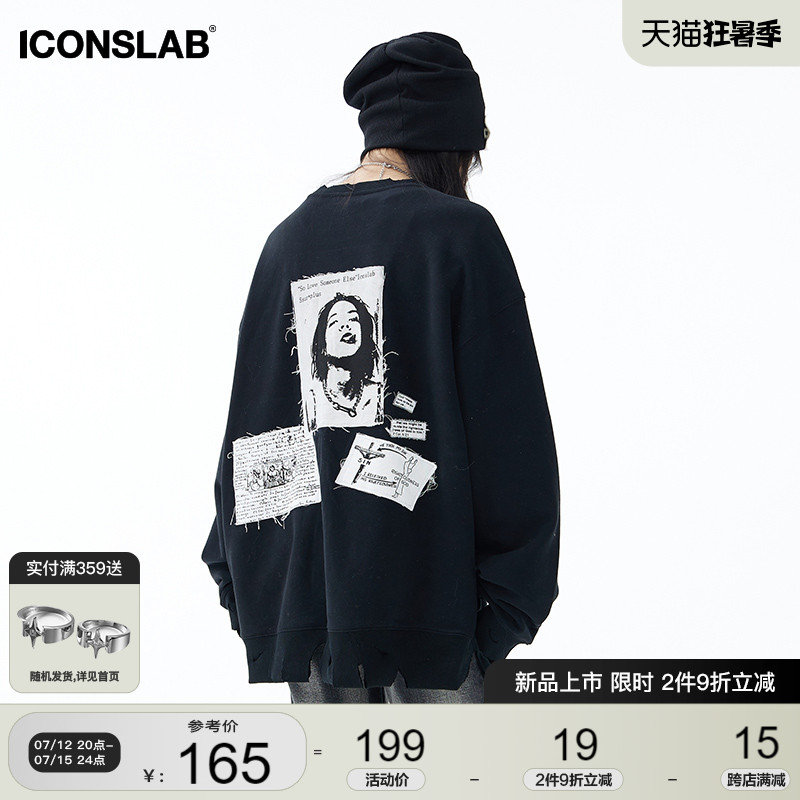 ICONSLAB联名SSUR PLUS 人像贴布卫衣男女休闲百搭情侣打底衫潮牌