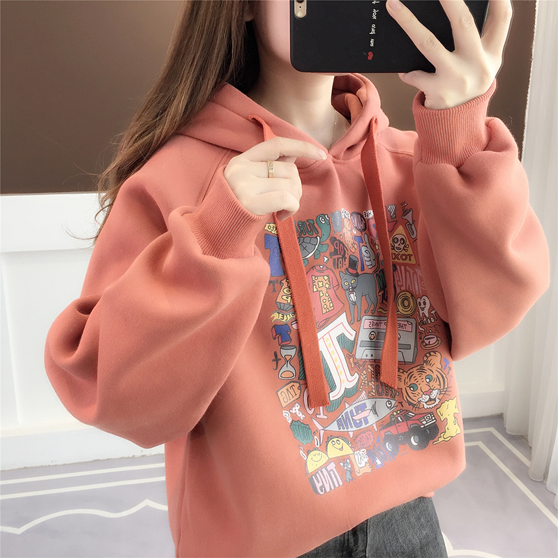 卫衣女加绒加厚2021年新款秋冬宽松减龄学生小个子长袖女连帽上衣