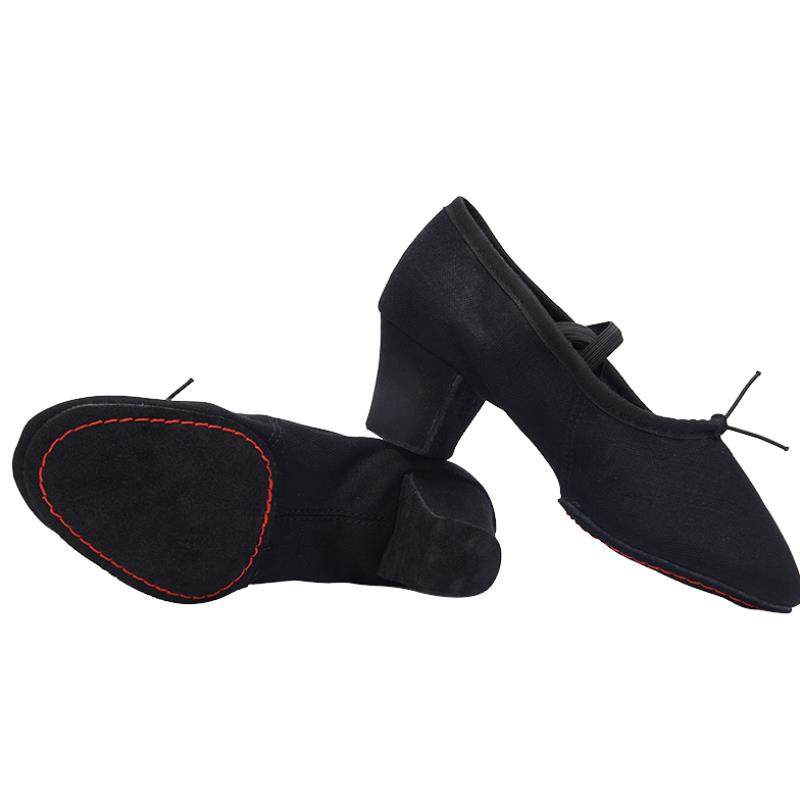 舞蹈鞋女软练功高跟成人带跟教师黑色芭蕾舞古典芭蕾舞鞋