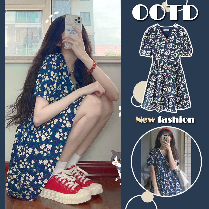 大码女装夏装2022新款法式初恋茶歇碎花裙胖妹妹设计感小众连衣裙