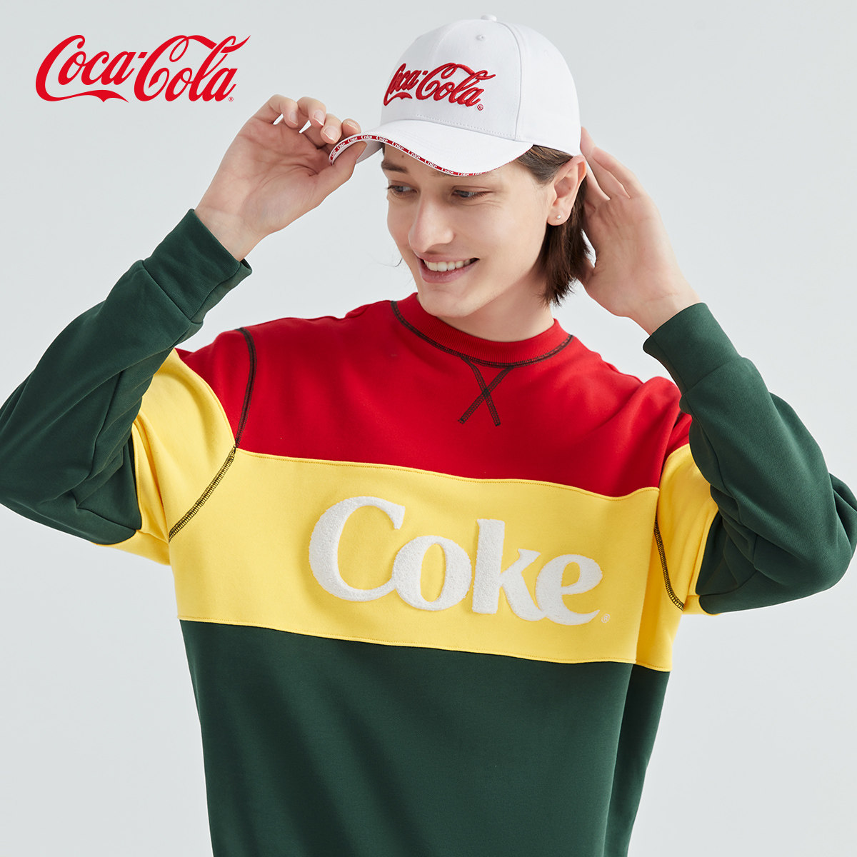 cocacola可口可乐官方方卫套头撞色条纹毛巾logo休闲卫衣
