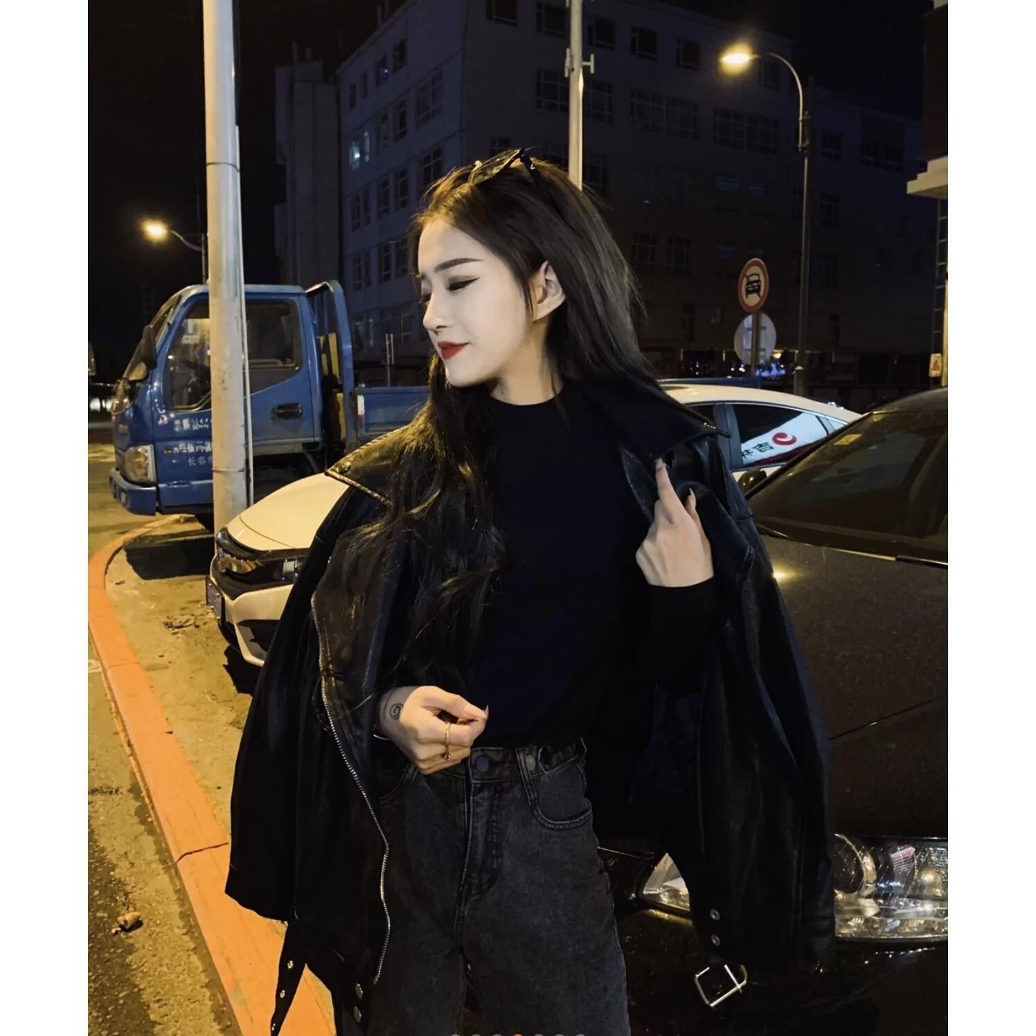 精神社会女网网红黑色快手秋冬帅气同款机车广场舞套装