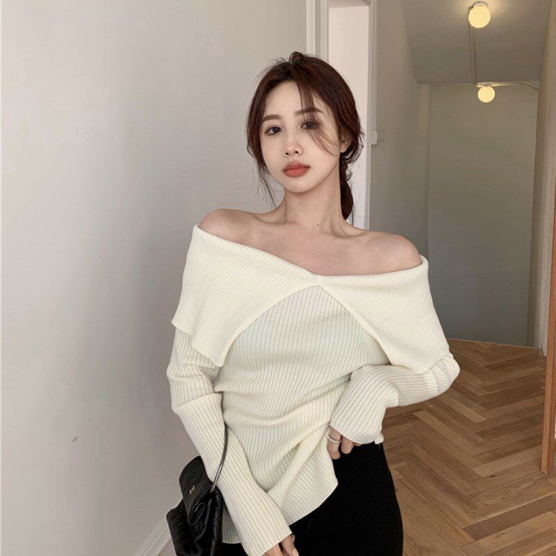 一字毛衣女套头大翻领小露香肩白色气质修身其他户外服装