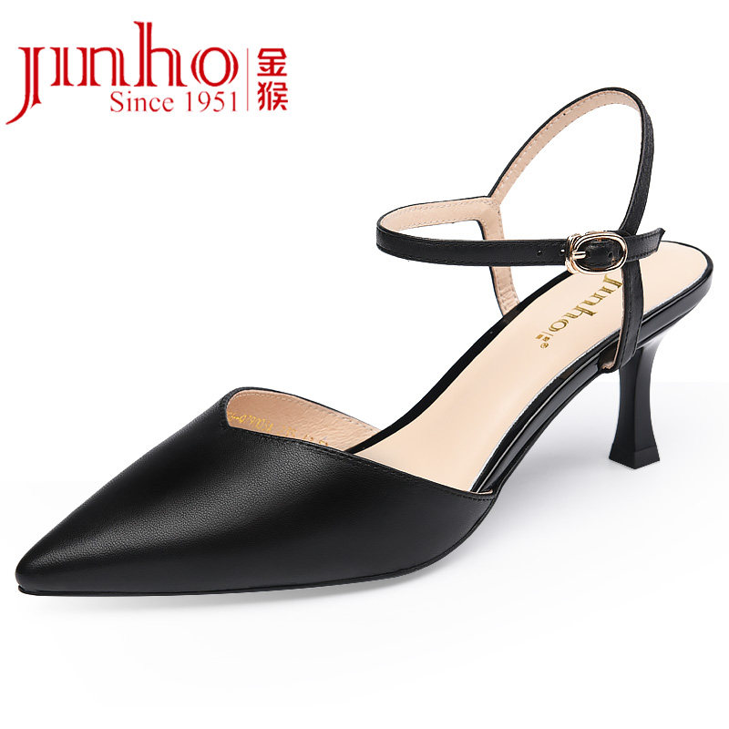 凉鞋夏季金猴女鞋新款一字搭扣高跟羊皮镂空时装凉鞋