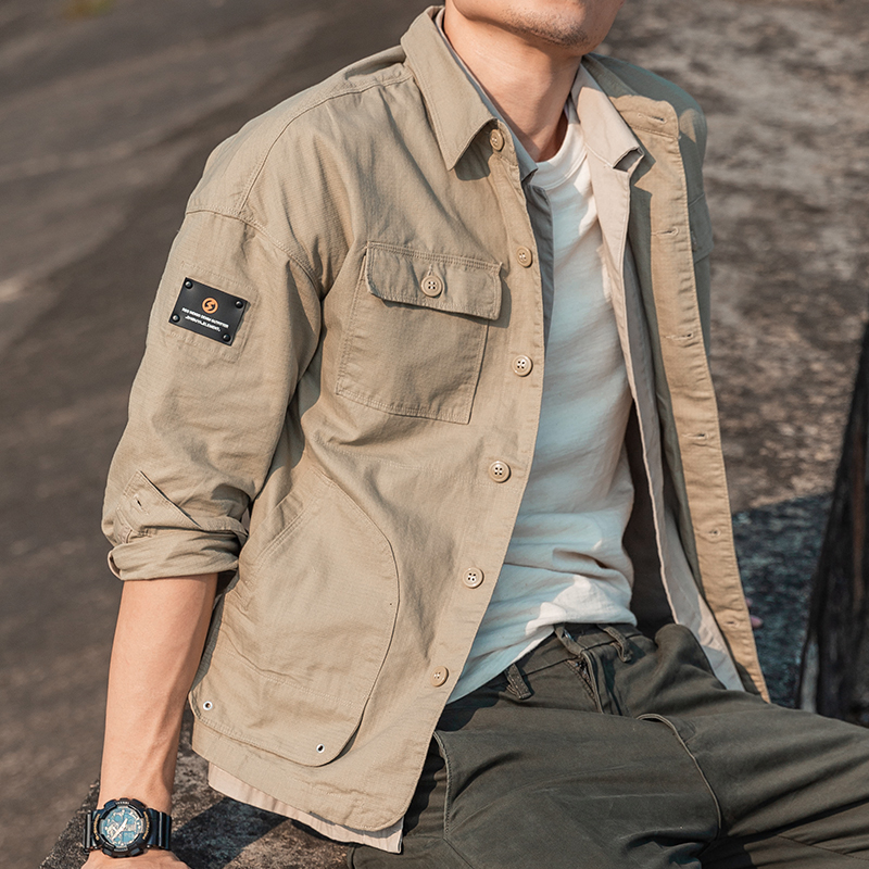 秋季外套男工装春秋季纯棉翻领薄夹克男士卡其色痞帅休闲潮牌男装