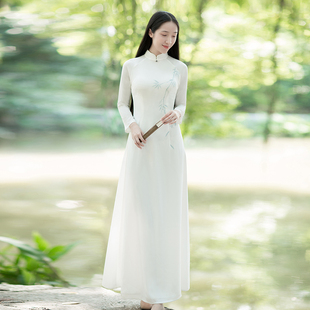 改良越南奥黛旗袍连衣裙 竹音 山有色复古中式 女立领手绘白色修身