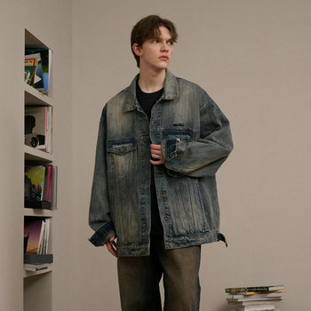 HeartBoon distressed washed denim lapel jacket ສໍາລັບຜູ້ຊາຍແລະແມ່ຍິງທີ່ມີຕົວອັກສອນ rhinestone ວ່າງວ່າງ casual jacket ຄູ່ນ່ຶ trendy