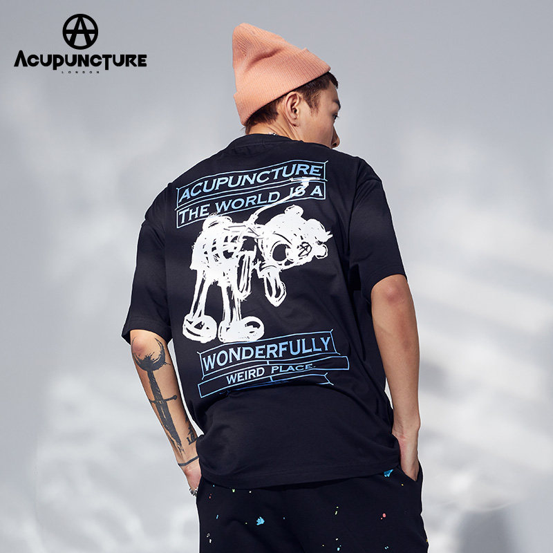 acupuncture情侣夏季短袖朋克熊油墨油墨印花112u32600t恤