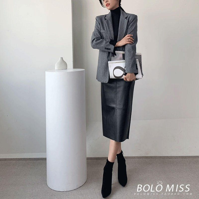 咖色小皮裙2022秋季真皮高腰包臀一步裙直筒中长款后开叉半身裙女