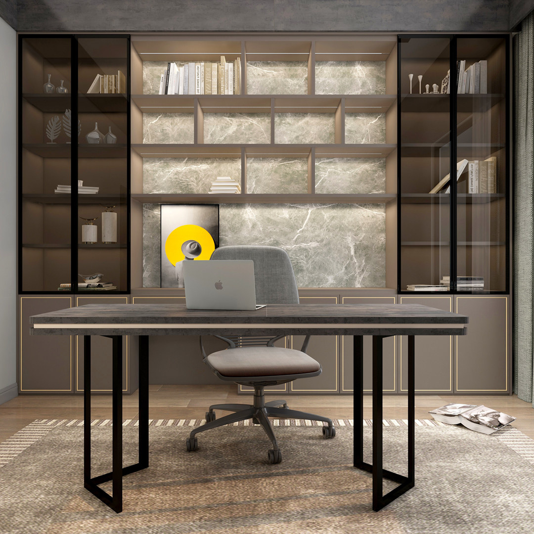 书柜尚明定制整墙书桌一体现代轻奢玻璃门书架书房空间定制